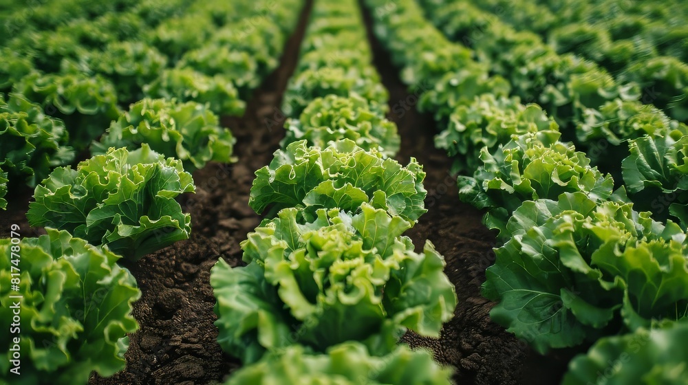 Poster aerial view of an expansive lettuce farm with precise, orderly rows creating a striking pattern acro