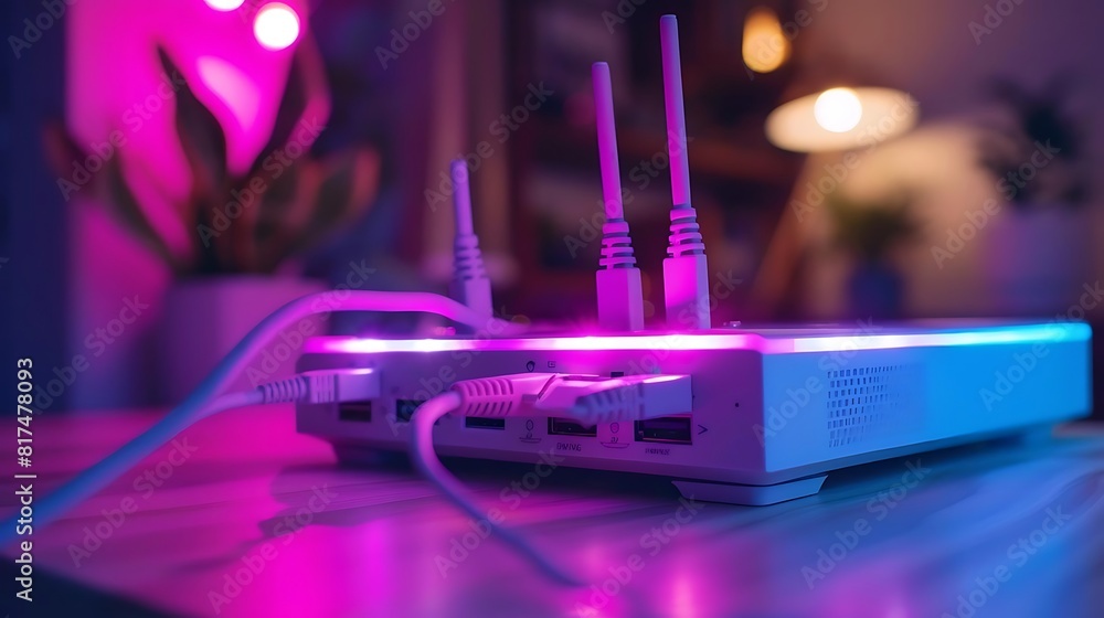 Poster close - up of router with internet connection and network cables on table