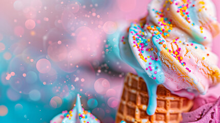 Obraz premium Colorful ice cream cone with sprinkles, ideal for summer and festive occasions, with copy space text