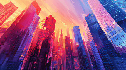 Vibrant urban skyscrapers cityscape modern design background/banner, for any occasion. Colorful city skyline, with copy space text, perfect for urban themes.
