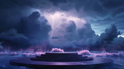 3d podium stage in the storm land background 