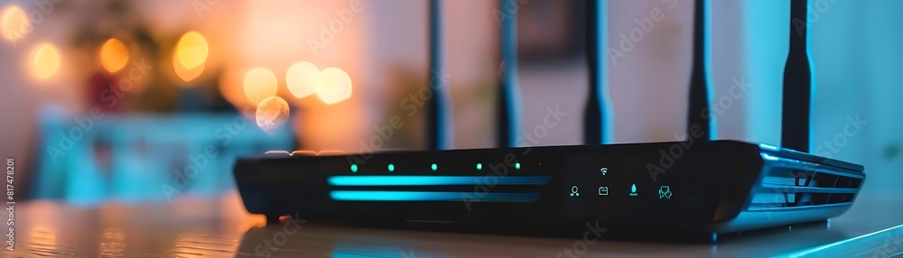 Poster close - up of router with internet connection and wifi signal strength, placed on a shiny table with