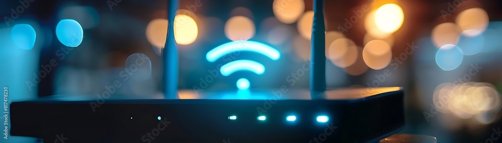 Poster close - up of router with wifi signal and internet connection in the background