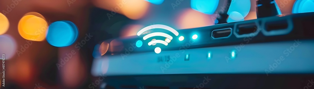 Poster close - up of router with wifi signal and internet connection