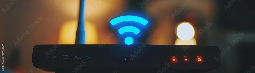 Poster close - up of router with wifi signal and internet connection