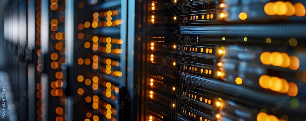 Aufkleber close - up of server room with rows of data storage racks, illuminated by an orange light