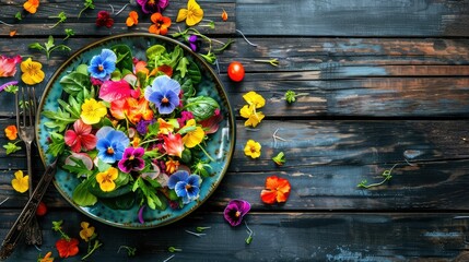 A colorful salad bowl decorated with edible flowers sits on a rustic wooden table, creating a beautiful and artistic display of natures bounty AIG50