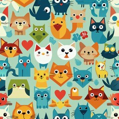 Seamless pattern of blocky animal shapes like cats, dogs, and birds, perfect for wrapping gifts for pet lovers, Generative AI