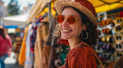 Obraz premium Smiling Caucasian woman wearing a straw hat and round sunglasses enjoys browsing through a colorful outdoor market