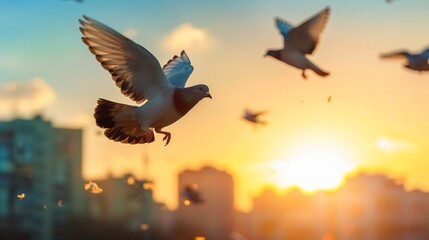 A flock of pigeons soaring against a sunset backdrop, over an urban skyline, depicting freedom and movement. - Powered by Adobe
