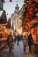 Naklejka premium A festive holiday market, decorated with lights and ornaments, with people enjoying the holiday spirit, Generative AI 