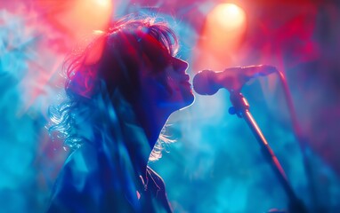 A singer getting goosebumps on stage due to an emotional performance, close up, performance theme, surreal, Double exposure, a brightly lit stage as backdrop
