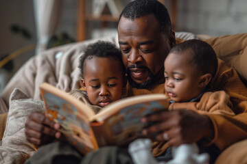 Engaged African American dad reads a storybook to his twin sons, sharing a cozy moment on the couch at home - Powered by Adobe