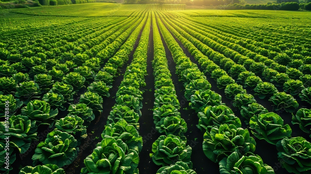 Poster aerial view of an expansive lettuce farm with precise, orderly rows creating a striking pattern acro