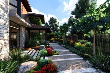 A realistic 3D rendering of a modern house surrounded by a pathway and various plants in a garden setting