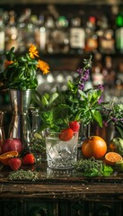 Farmtoglass cocktail concept, organic fruits and herbs, vintage glassware on a rustic bar top for an ecobar feature.