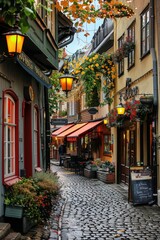 Fototapeta premium A picturesque pedestrian street, filled with quaint shops and cozy cafés, Generative AI