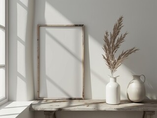 Elegant minimal mockup with empty frame and dry plants in stylish ceramic vase on wooden table near the window with beautiful shadows from the window.