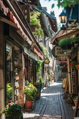 Fototapeta premium A picturesque pedestrian street, filled with quaint shops and cozy cafés, Generative AI
