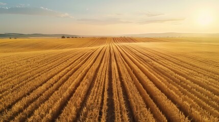 Aerial view of expansive wheat fields with uniform rows creating a beautiful pattern in the landscape Generative AI