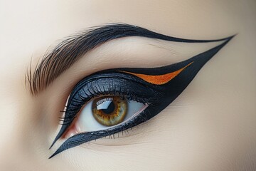 Detailed close up of a womans eye with bold black and orange eyeliner, showcasing intricate makeup application