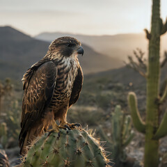 a hawk sitting on top of a cactus plant