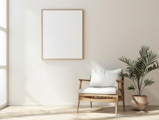 The interior of the living room in a Scandinavian style. There is a wooden chair, a floor lamp, and a plant in the room. On the wall is a frame for a photo or painting.