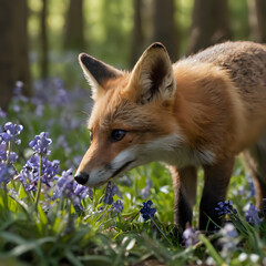 Fototapeta premium a fox that is standing in the grass with blue flowers
