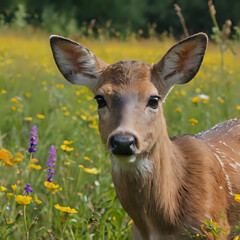 a deer that is standing in a field of flowers
