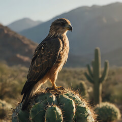 Fototapeta premium a sitting on a cactus in the desert with mountains in the background