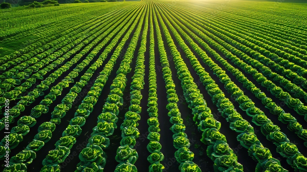 Poster aerial view of an expansive lettuce farm with precise, orderly rows creating a striking pattern acro