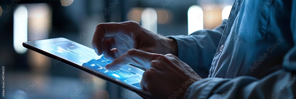Poster man using digital tablet with touchscreen interface and digital buttons