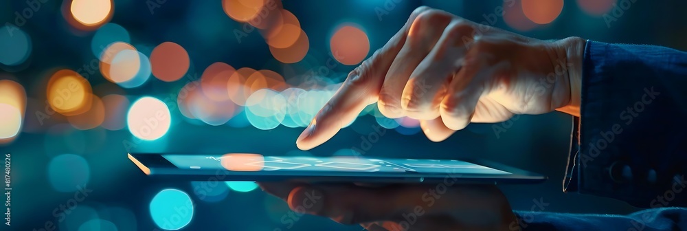 Poster man using digital tablet with touchscreen interface and virtual buttons