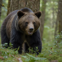 a brown bear walking through the woods in the woods