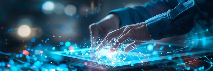man using digital tablet with touchscreen interface and digital buttons