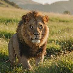 Obraz premium a lion walking through a grassy field with mountains in the background