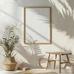 Interior background, 3d render, Scandinavian interior design, The wooden frame is placed on the white wall in the middle