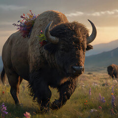 bison with flowers on its head walking through a field