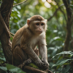 a monkey sitting on a tree branch in the forest