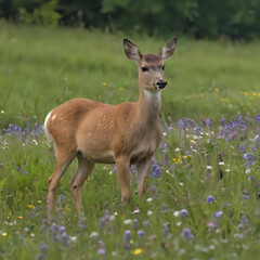 a deer that is standing in the grass with flowers