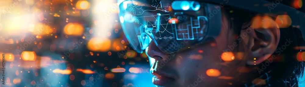 Poster man using smart glasses with augmented reality technology in the background