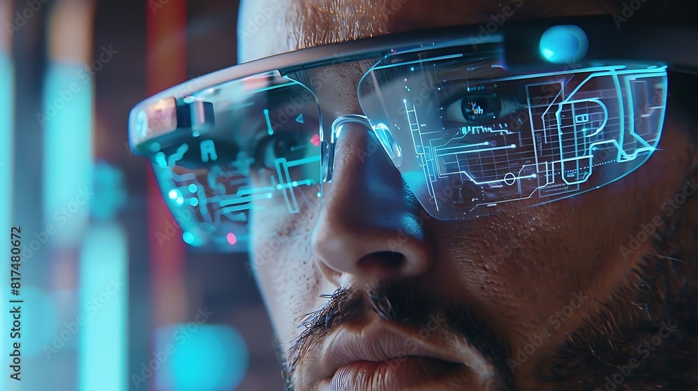 Poster man using smart glasses with digital display and augmented reality image