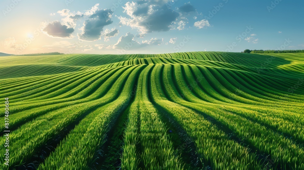 Poster aerial view of expansive wheat fields with uniform rows creating a beautiful pattern in the landscap
