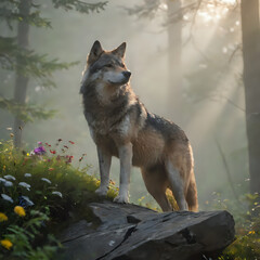 a wolf standing on a rock in the woods