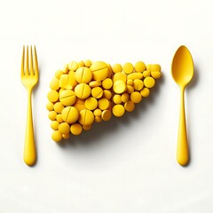 Yellow anatomical liver made of pills with a yellow fork and spoon, symbolizing liver health, medication, and diet. Emphasis on liver wellness, nutrition, and medical treatment awareness - AI generate