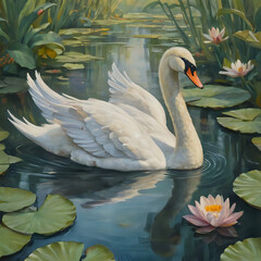 Obraz premium painting of a white swan swimming in a pond with lily pads