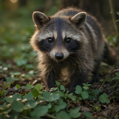 Naklejka premium a raccoon that is walking through the grass