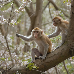 Naklejka premium a two monkeys sitting on a tree branch in the woods