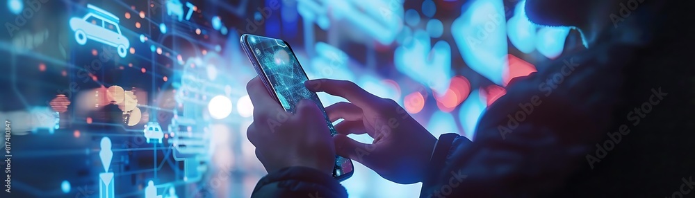 Poster man using smartphone with digital touchscreen interface
