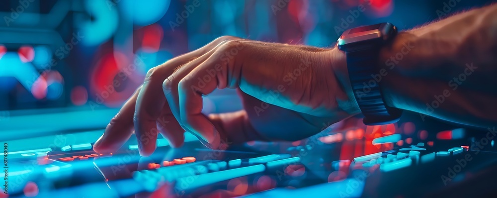 Poster man using smartwatch with digital touchscreen interface in a gaming room